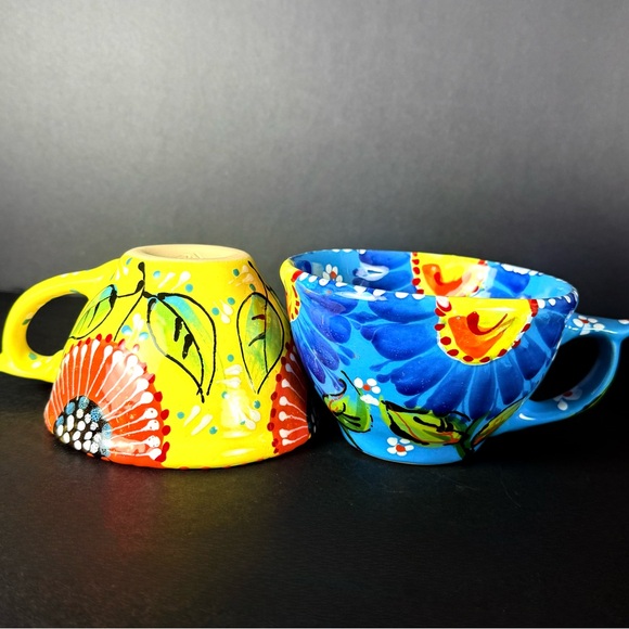 Set of 2 Hand Painted Mexican Clay Mugs Floral Folk Art Pottery Colorful Signed - Picture 7 of 14